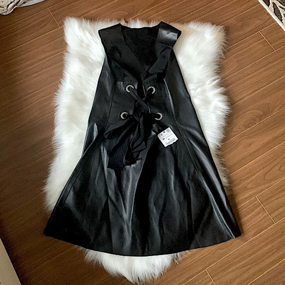 NWT ZARA Black Faux Leather Dress Backless Tie Up Ribbons Criss Cross Sz M